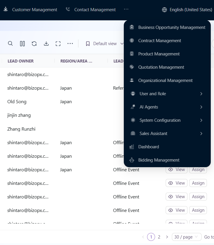 CetaCRM Customer Management menu and lead table