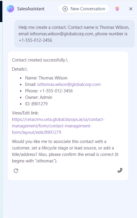 CetaCRM SalesAssistant creating a contact